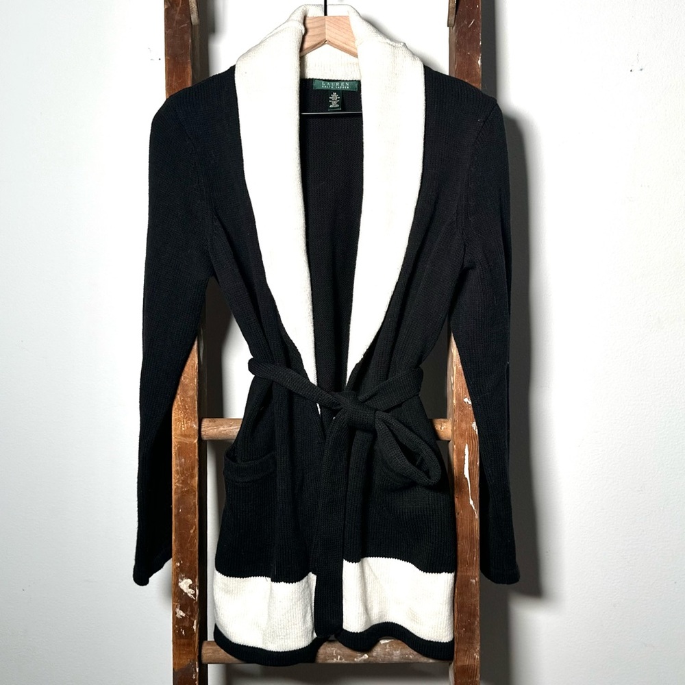 Ralph Lauren Black and White Shawl Collar Knit Cardigan Sweater